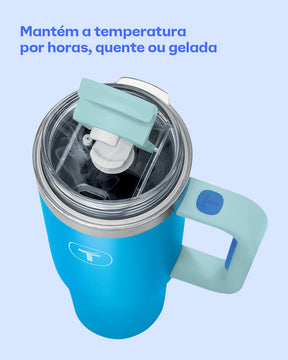 Copo Térmico Big T Com Canudo Tupperware Azul Claro 1,1L