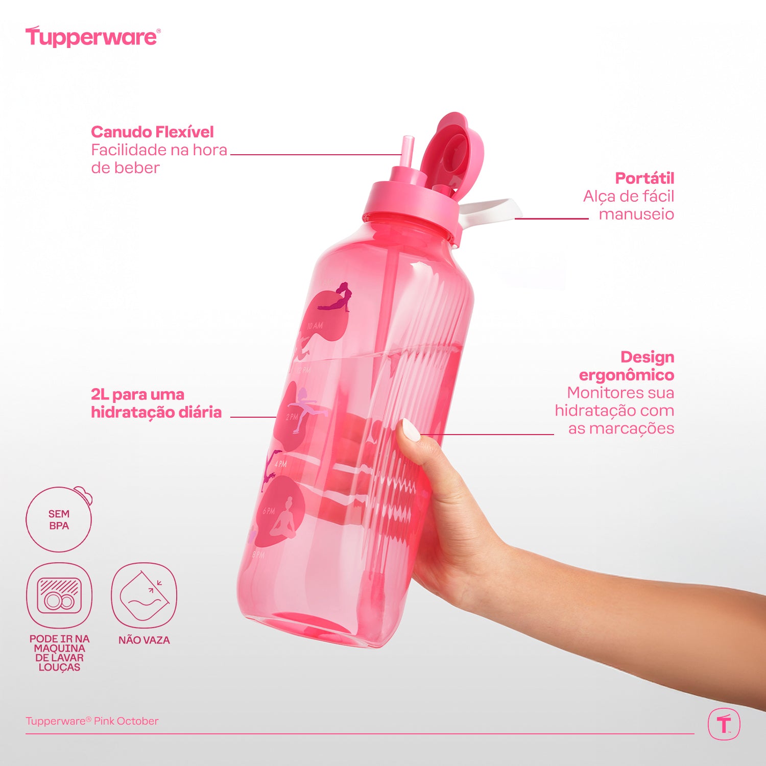 Garrafa de Água Tupperware Aquavibe com Canudo Flexível 2L Rosa