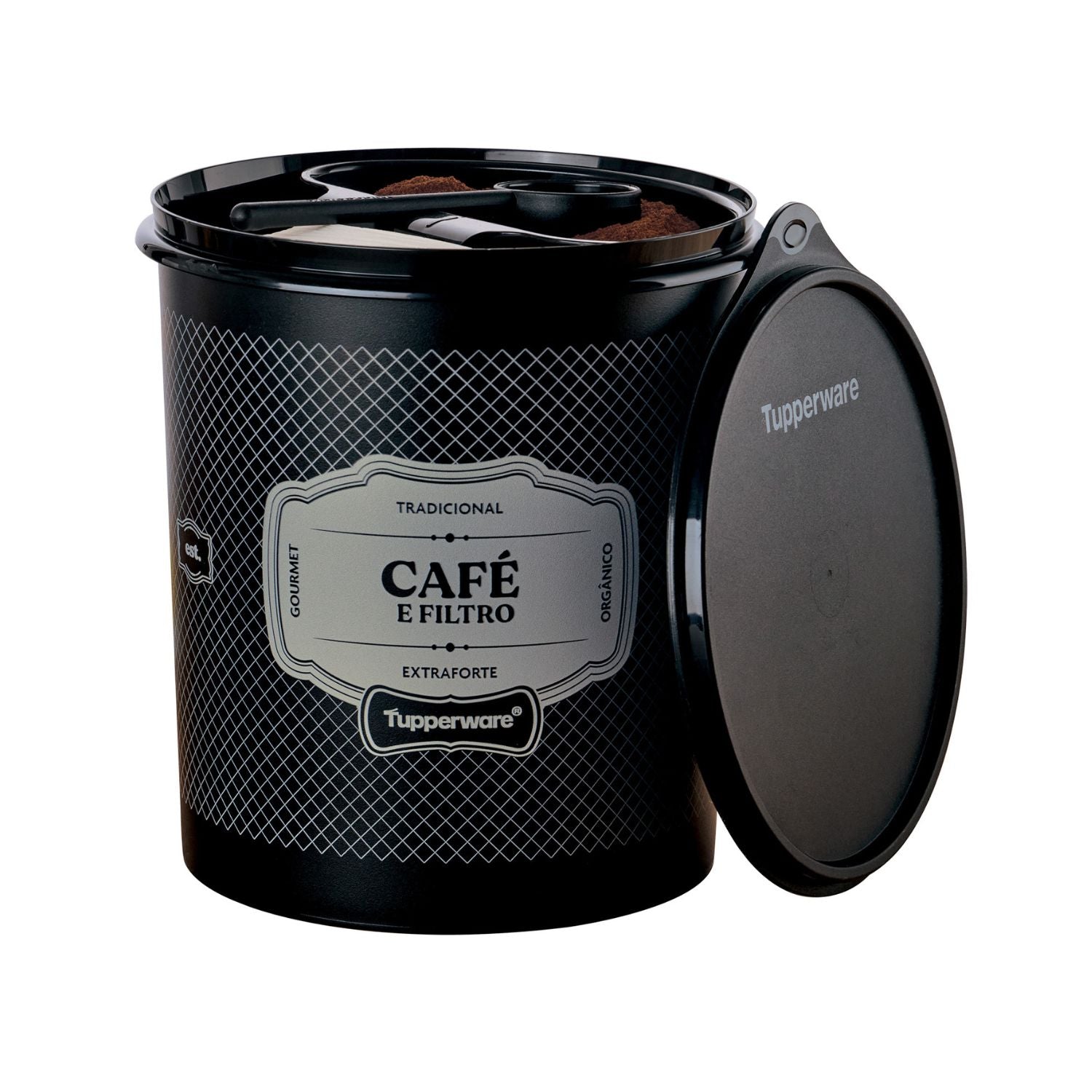 Pote Tupper Caixa Café E Filtro Tupperware Essences Preto 500g e 30 Filtros
